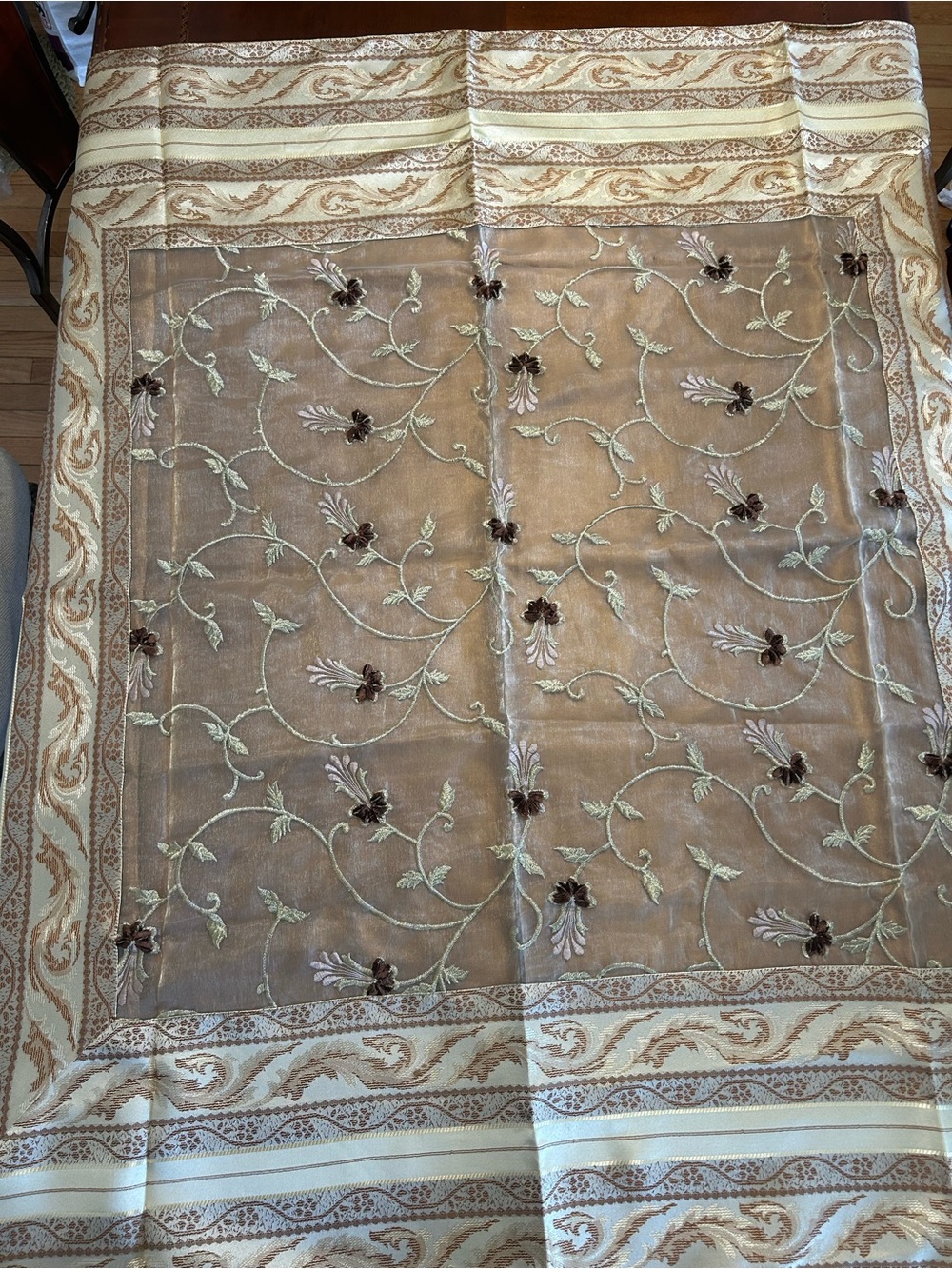 Embroidered Sheer Tablecloth in Beige and Brown - Elegant Home Dining